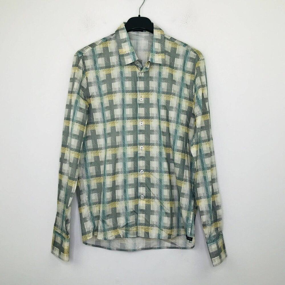 Good Man Brand Men's Small Shirt Gray Yellow Plaid Long Sleeve Button Up BL14